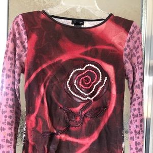 Unique Dressy T shirt with rhinestones and leather appliqués